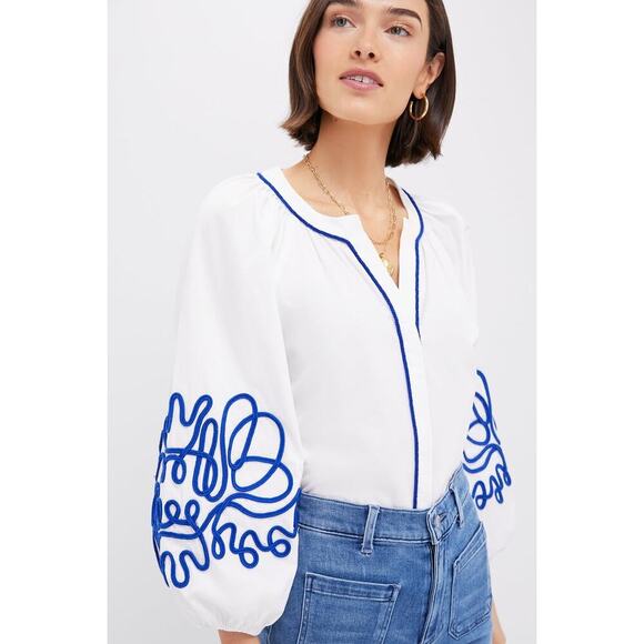 HYACINTH HOUSE White & Royal Blue Soutache Stella Blouse Size L NWT - Picture 5 of 8